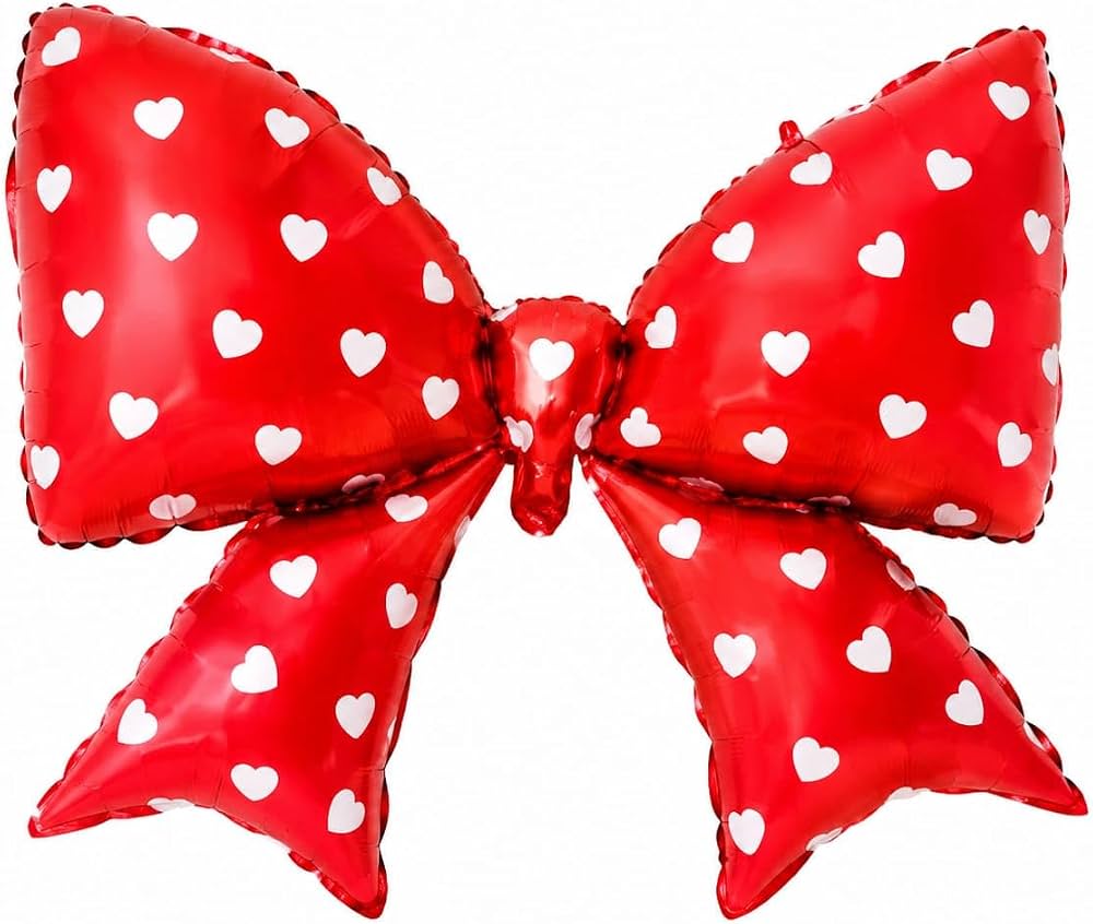 Red Large Bow With White Hearts Foil Balloon