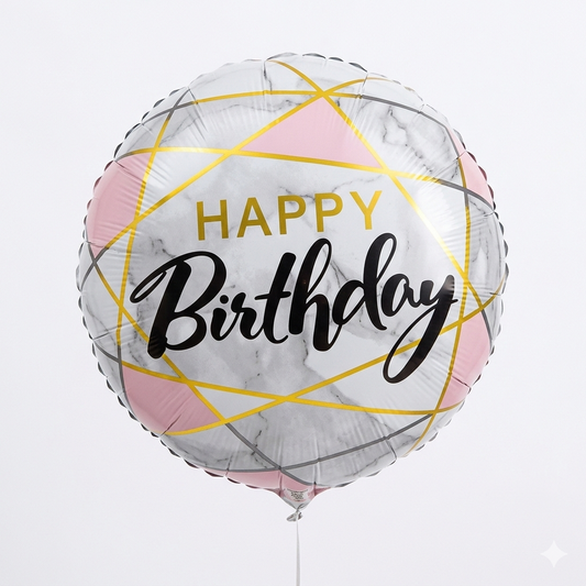 White Round Geometric Happy Birthday Foil Balloon