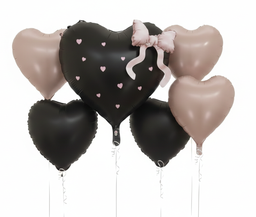 Heart Bow Black-Pink Foil  Balloon Set of 6pcs