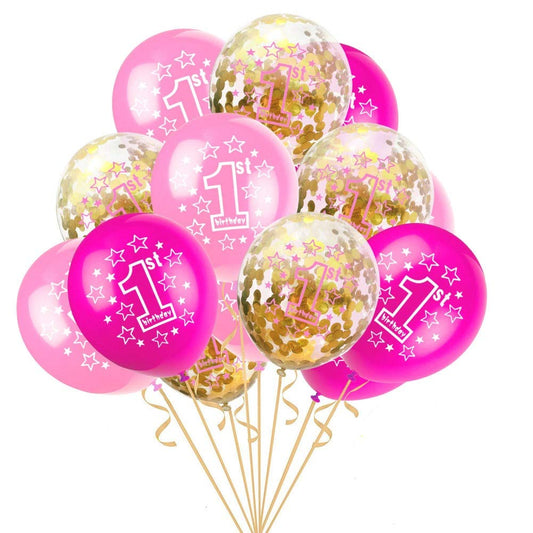 1st Birthday Balloons set - 12 pcs- Pink